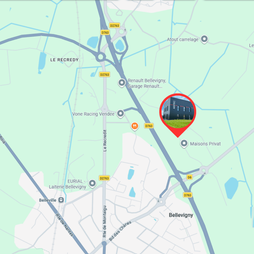 Plan de localisation de la nouvelle agence Aditec à Bellevigny, zone artisanale Chantemerle, La Roche-sur-Yon.